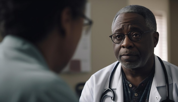 Two mature men in lab coats discussing medicine generated by AI