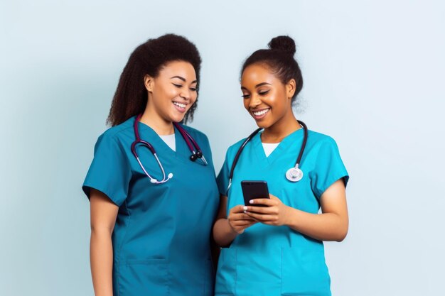 Two medical personnel holding a telephone Generative AI