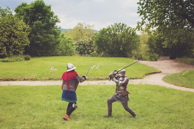 Two medieval knights in armor with swords and helmets are fighting on green grass