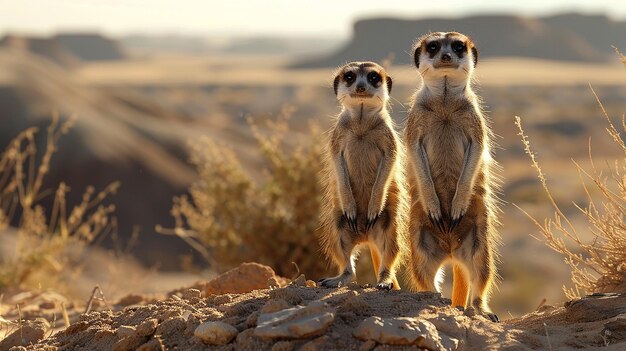 Photo two meerkats are sitting on a rock with their heads facing the camera