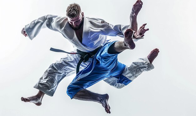 Photo two men are in the air with one wearing a belt that says  kimchi  on it