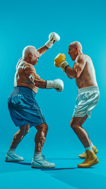 Two men are boxing in a blue background