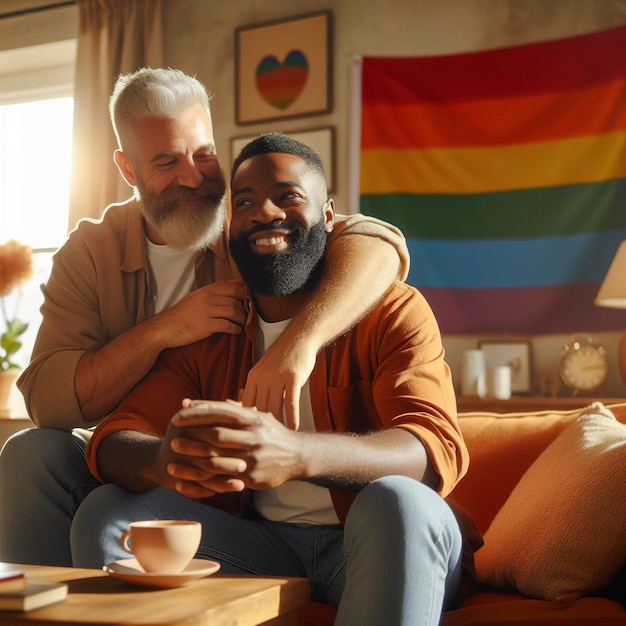 Two men are hugging each other in a living room