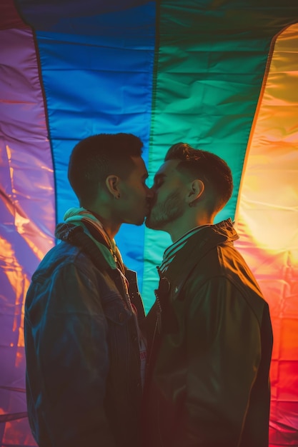 two men are kissing under a rainbow colored tent