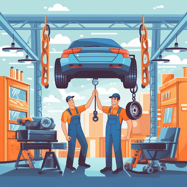 two men are lifting a car in a garage