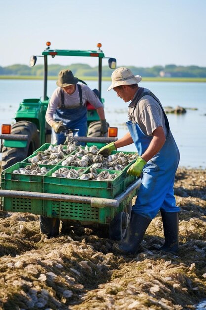 Photo two men are loading fish into a tractor