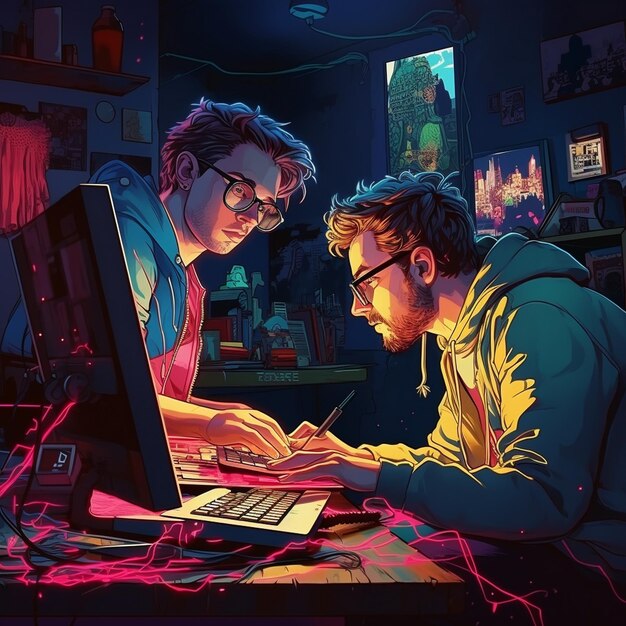 사진 두 남자가 노트북 컴퓨터를 보고 있습니다.