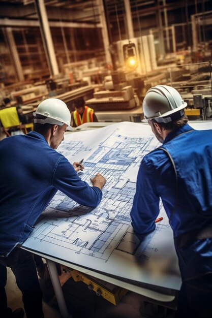 Photo two men are looking at a blueprint that says  blueprint