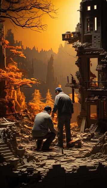 two men are looking at a building with a fire in the background