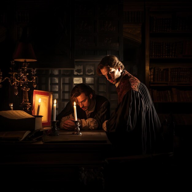 two men are looking at a candle that is lit up