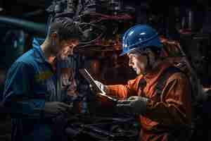 Photo two men are looking at a piece of paper that says  the engineer is looking at it