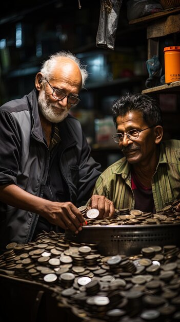 two men are looking at a stack of coins with a bottle of whiskey in the background