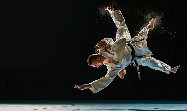 Photo two men are performing martial arts with one being held up