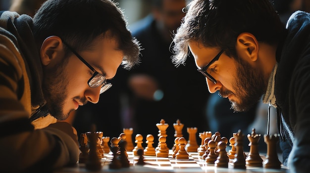 Two men are playing a chess game one man is focused intently on the board