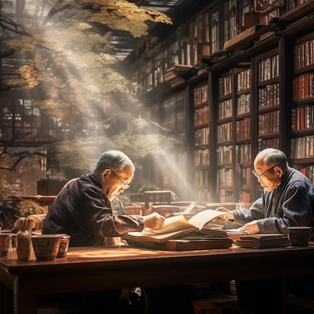 two men are reading a book in a library with a tree in the background.