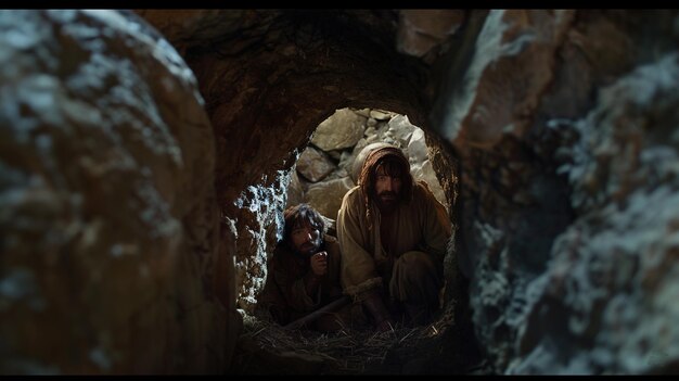 Photo two men are sitting in a cave with a man and woman looking at a cell phone