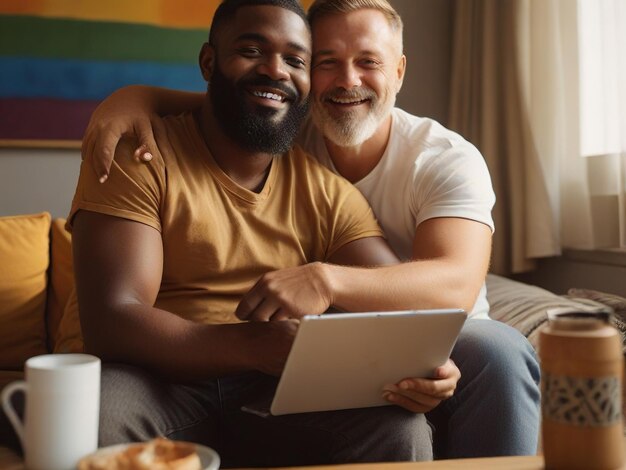 Two men are sitting on a couch one of them holding a tablet Interracial gay couple