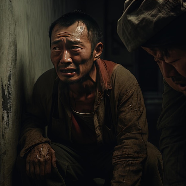 two men are sitting in a dark room and one has a hood on his head