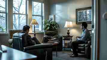 Photo two men are sitting in a room talking one man is sitting in a brown leather chair and the other man is sitting in a green leather chair