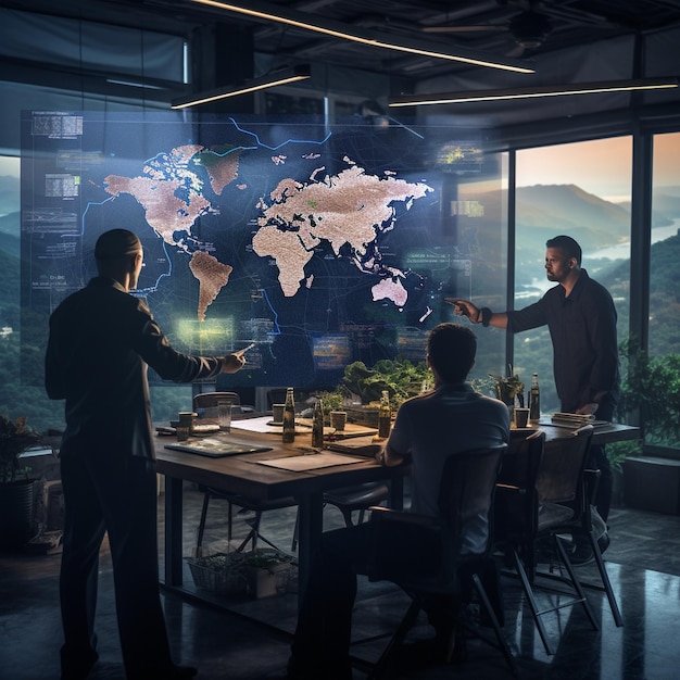 two men are sitting at a table and one of them is pointing at a map of the world.