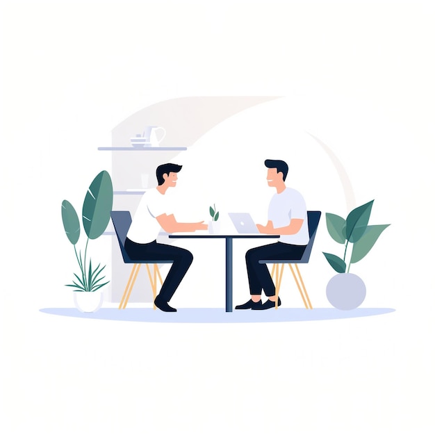 Two men are sitting at a table and talking