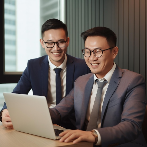 Two men are sitting at a table with a laptop.