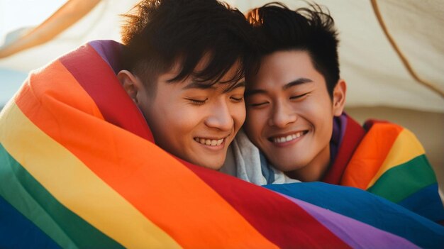 Photo two men are smiling and one is wearing a rainbow colored blanket