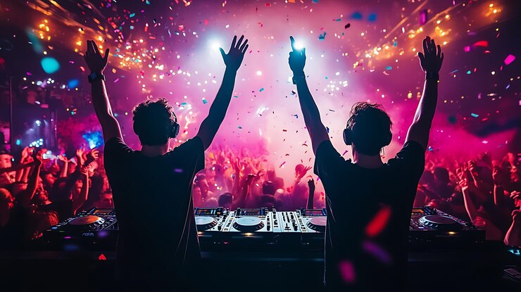 Photo two men are standing in front of a crowd at a party