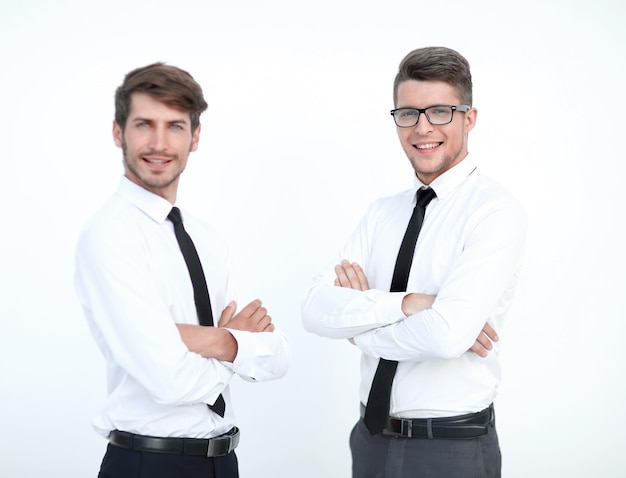 Two men are standing in the office