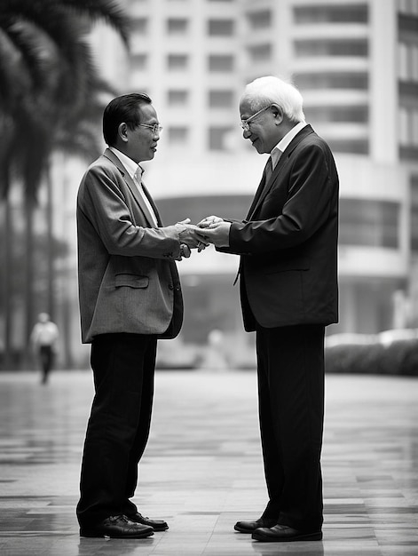 Photo two men are talking in front of a building and one has a tie on