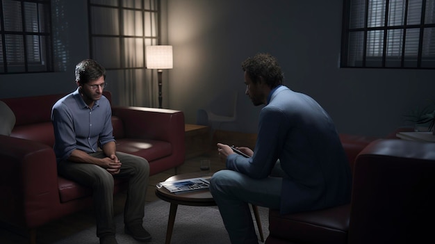 two men are talking in a room one of them is wearing a blue shirt