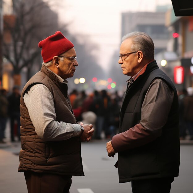 two men are talking on the street, one of which is wearing a red hat.