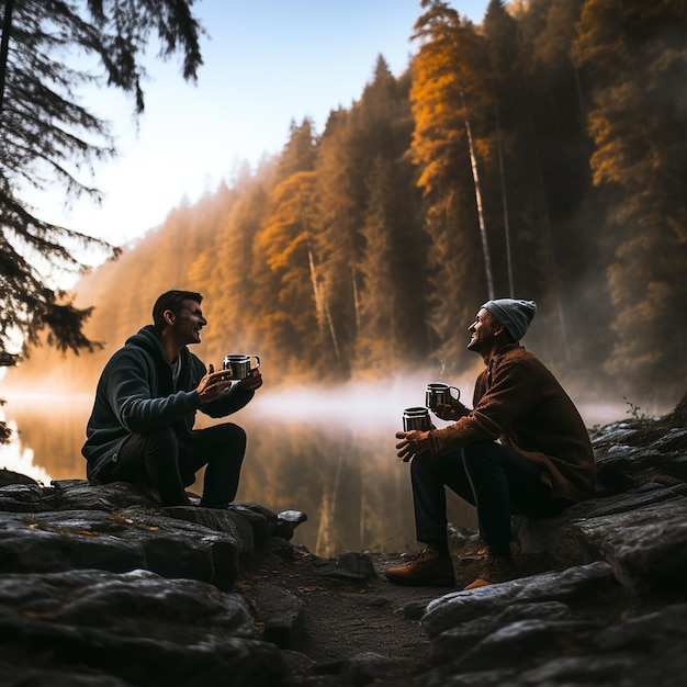 двое мужчин разговаривают и отдыхают от восхождения на гору