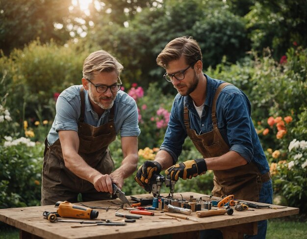 two men are working on a board with the number 4 on it