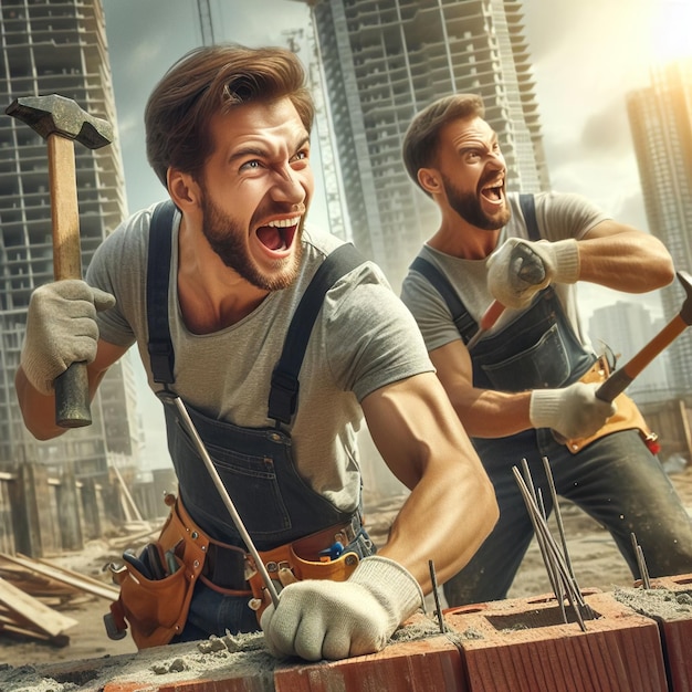 two men are working on a construction site happy labor day