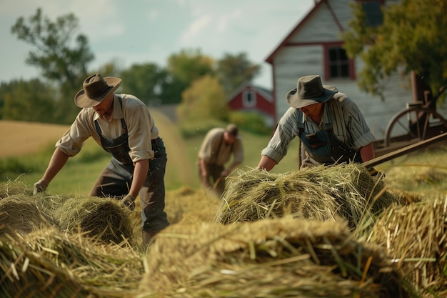 Foto due uomini stanno lavorando in un campo di fieno