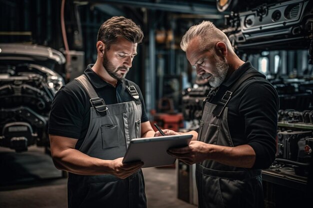 Photo two men are working on a project in a factory