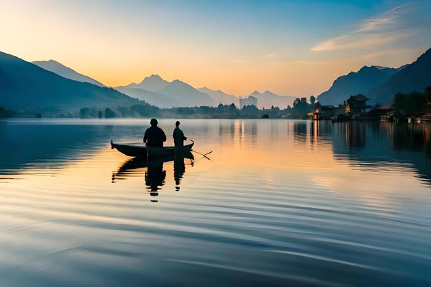 Two men in a boat on a lake at sunset