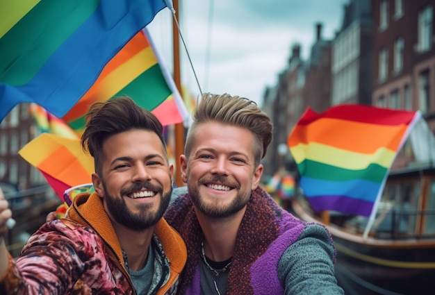 Two men on a boat at lgbtq pride parade in amsterdam amsterdam pride month