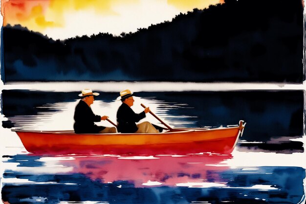 Two men in a boat, one of which is a man in a hat.