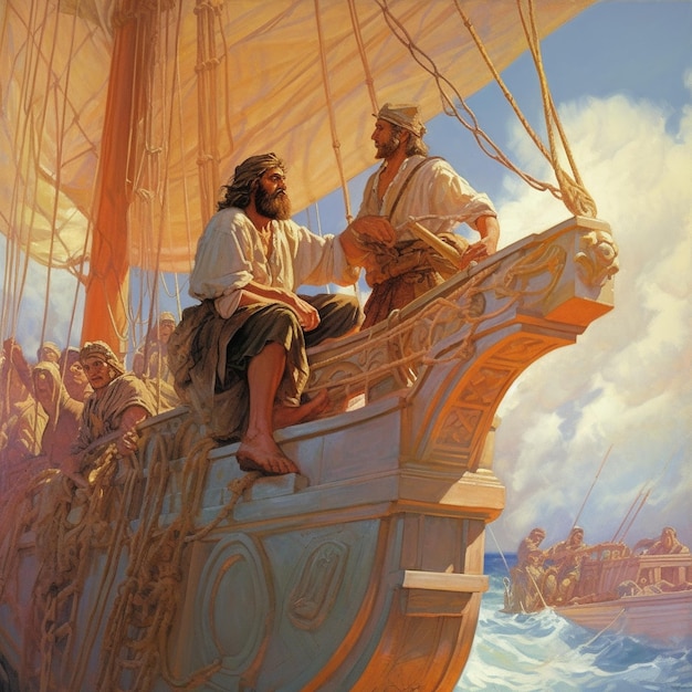 Two men on a boat with a painting of two men on the side of it