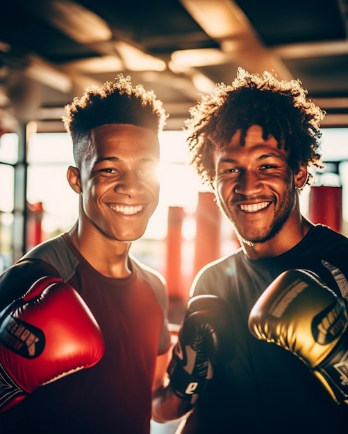 two men in boxing gloves posing for a photo with the words " men " on the back of them.