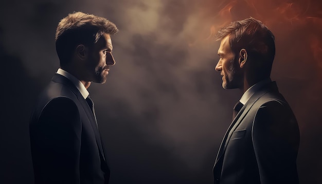 Two men in business suits looking at each other seriously