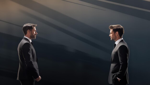 Двое мужчин в деловых костюмах серьезно смотрят друг на друга.