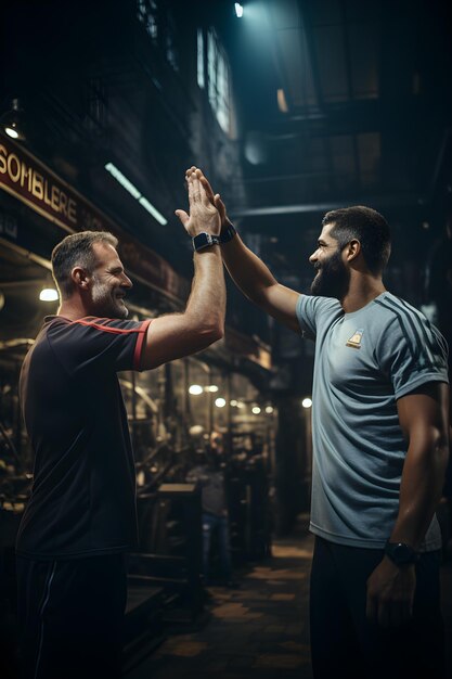 Foto due uomini che festeggiano con un high five in una palestra