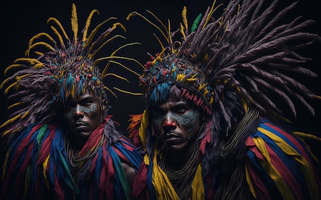 Two men in colorful costumes with feathers on their heads stand in a dark room.