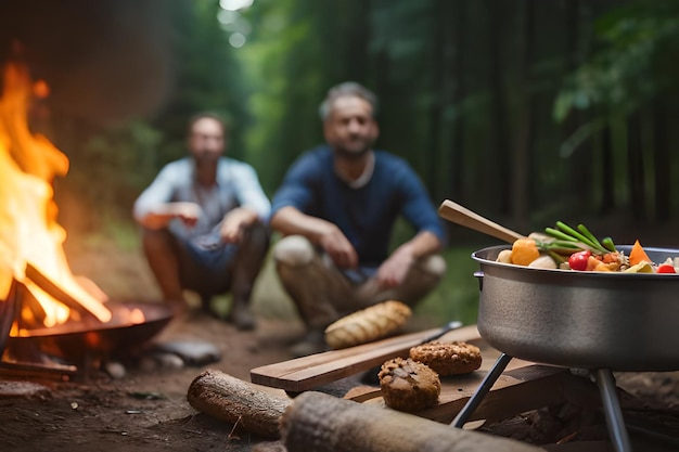 火の上の鍋で食べ物を調理する二人の男性。