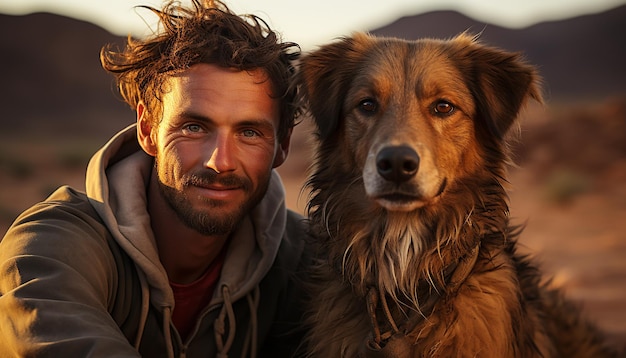 Two men and a dog outdoors smiling and looking at camera generated by artificial intelligence