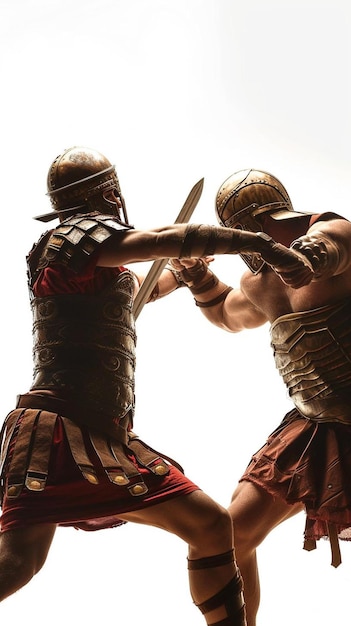 Photo two men dressed in roman gladia fighting with swords