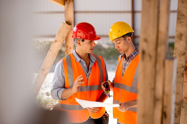 Two men dressed in shirts, orange work vests and helmets explore construction documentation on the building site near the wooden building constructions .